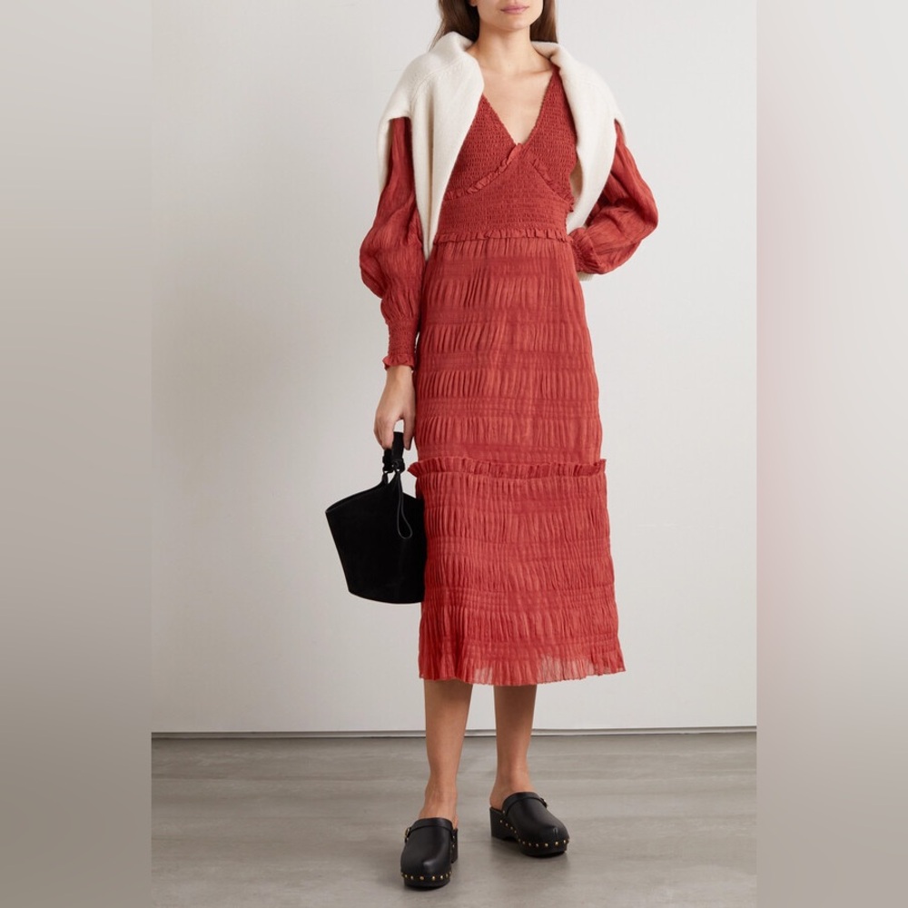 NWT Sea New York Pasha Pleated Smocked Crepe Midi Dress